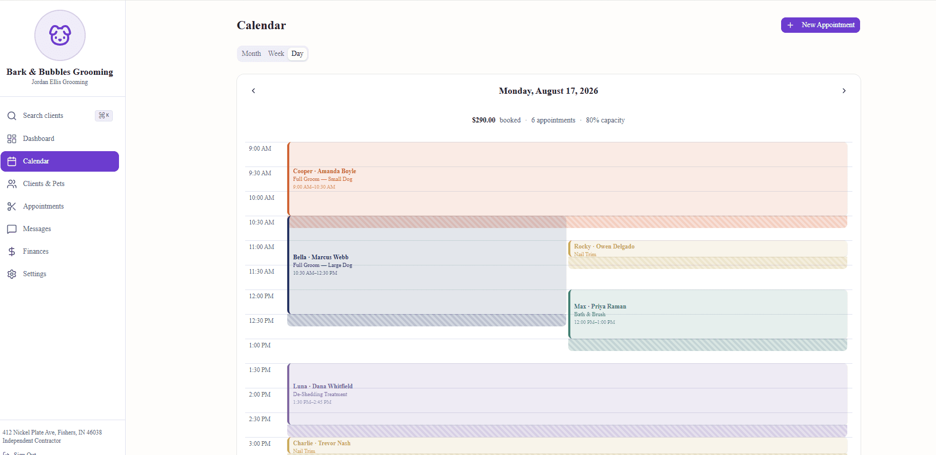 Snipsy day view showing a groomer's schedule with the day's booked total and capacity