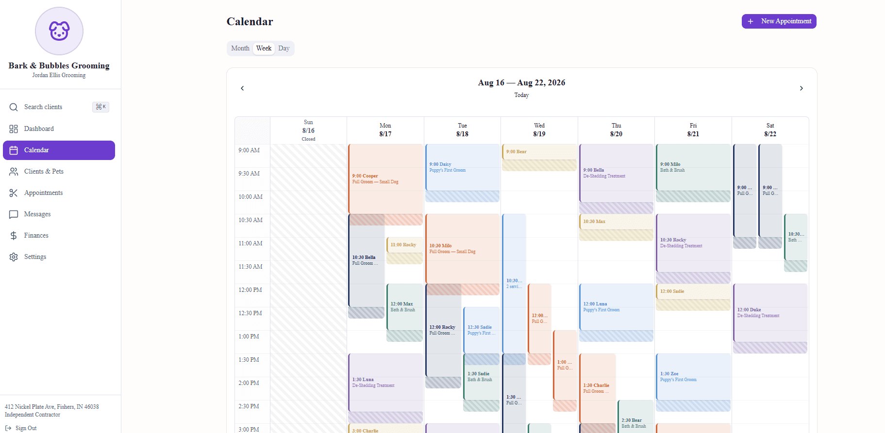 Snipsy week view showing appointments laid out across seven days