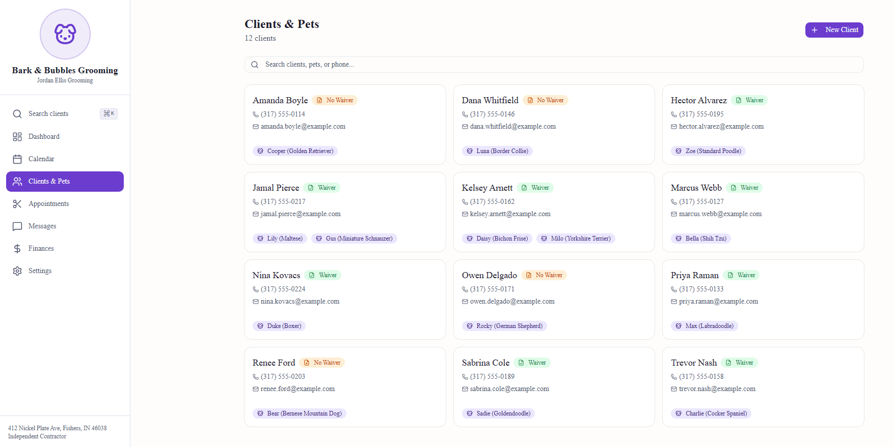 Snipsy client list with pets, breeds, and contact details