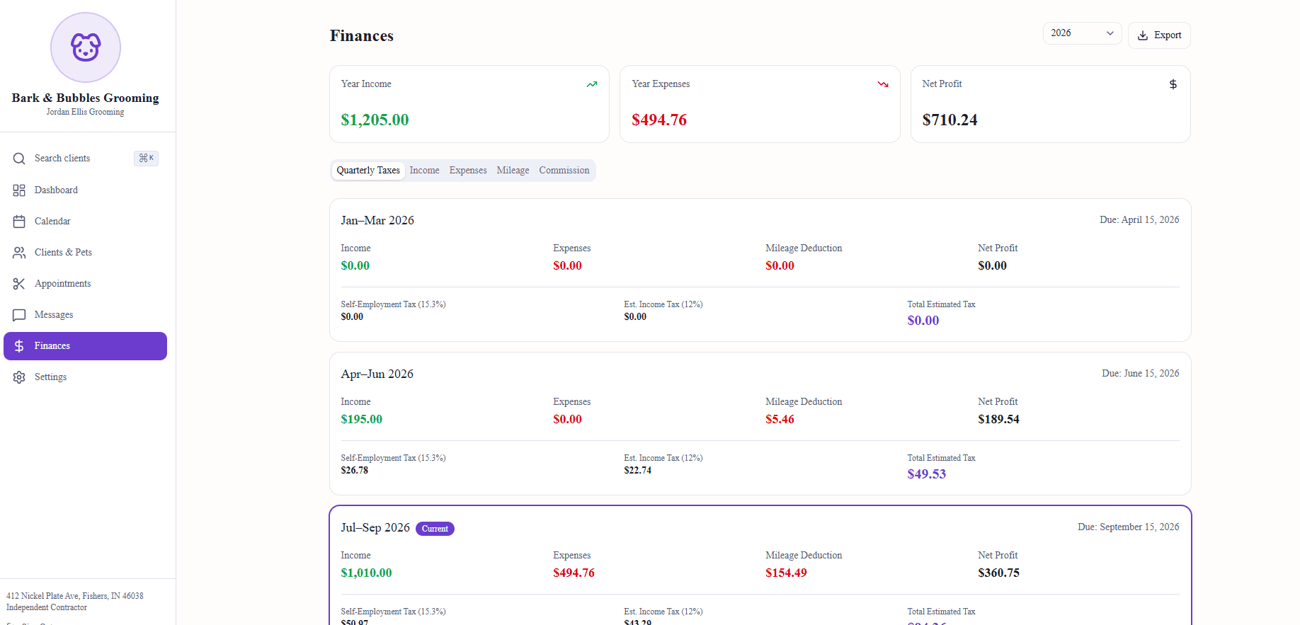 Snipsy finances screen showing income, expenses, and net totals