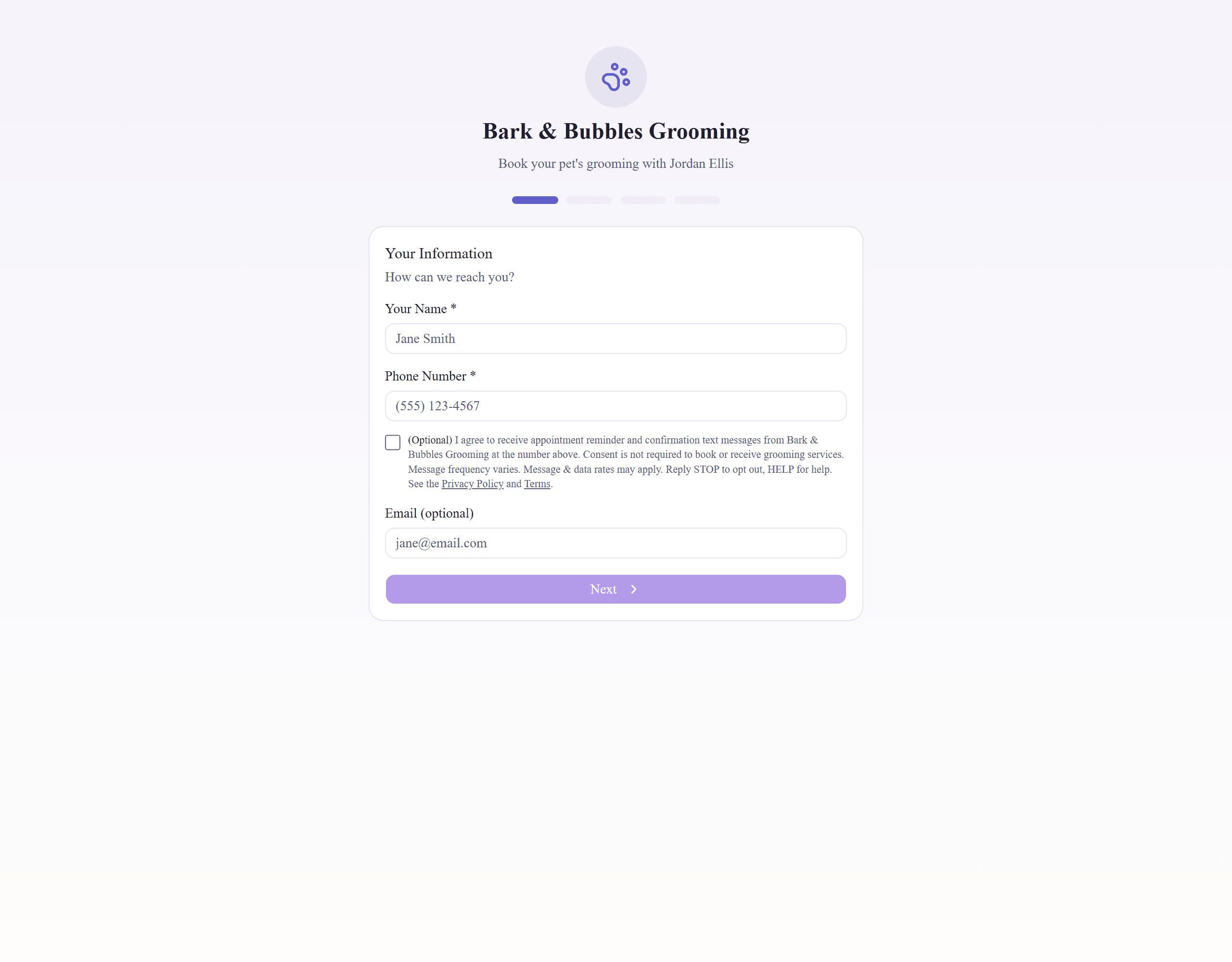 A Snipsy public booking page showing services, prices, and a date picker